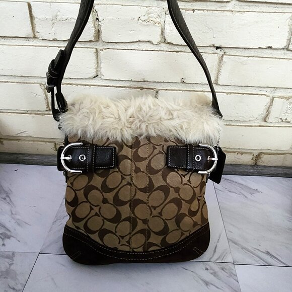 Euc Coach Signature Canvas Shearling Duffle Khaki Handbag Tote Bag Purse - Picture 3 of 13